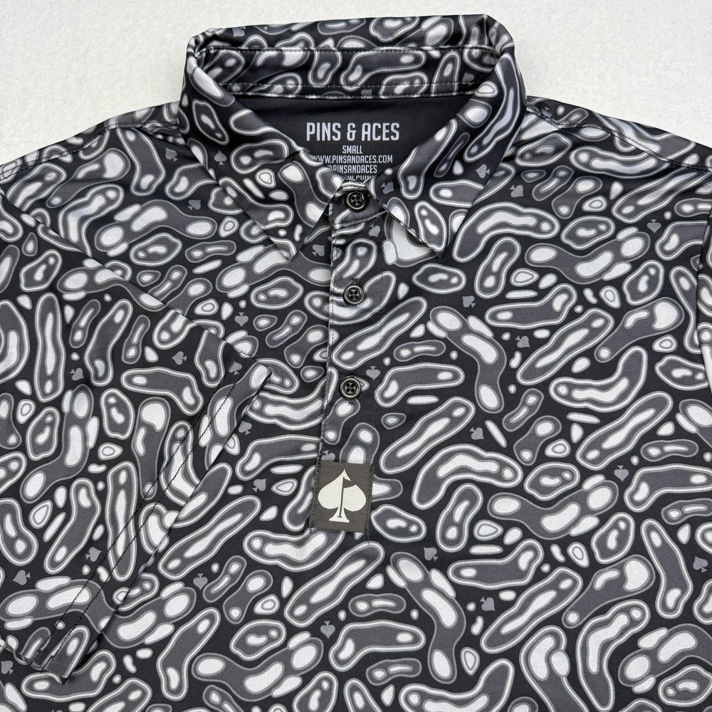 Pins & Aces Polo Shirt Mens Small Black Abstract Print Golf Performance Stretch